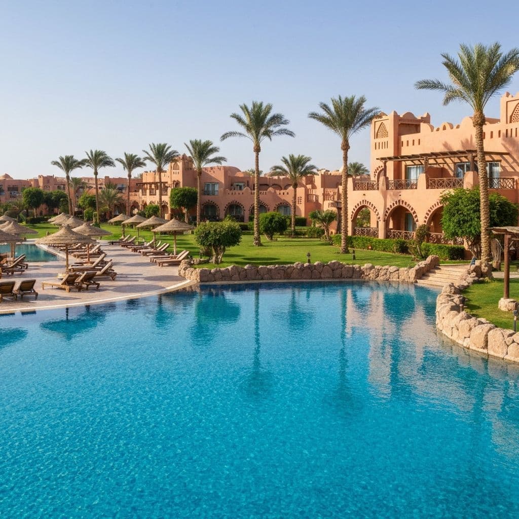 Palm-lined boardwalk along the Red Sea